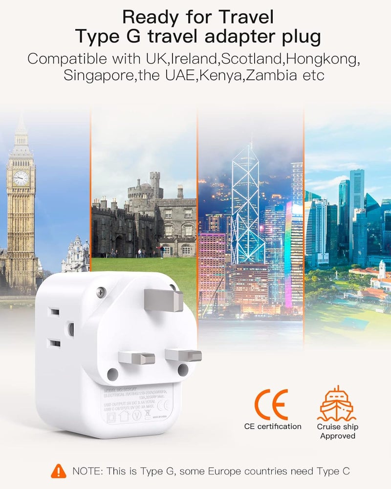 BESHON [2 Pack] US to UK Travel Plug Adapter, Type G Power Adapter with 3 AC and 3 USB(2 USB C), International Plug Adapter, Travel Essentials for USA to England London Scotland British Qatar Irish Hongkong - Image 3